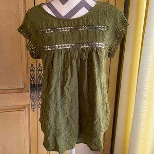 Ro&De Anthropologie Green Lace Trim Top